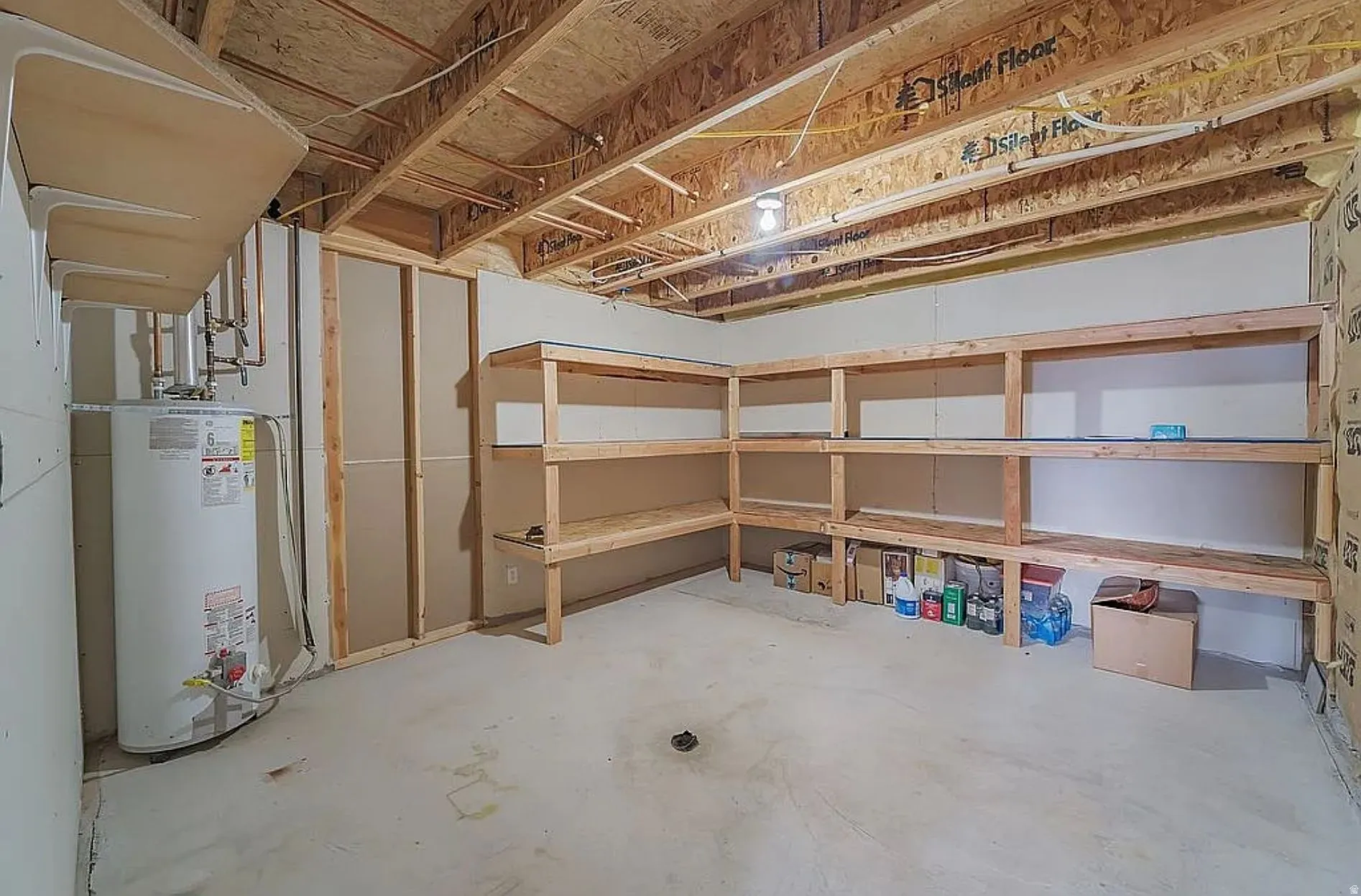 Unfinished basement featuring gas water heater