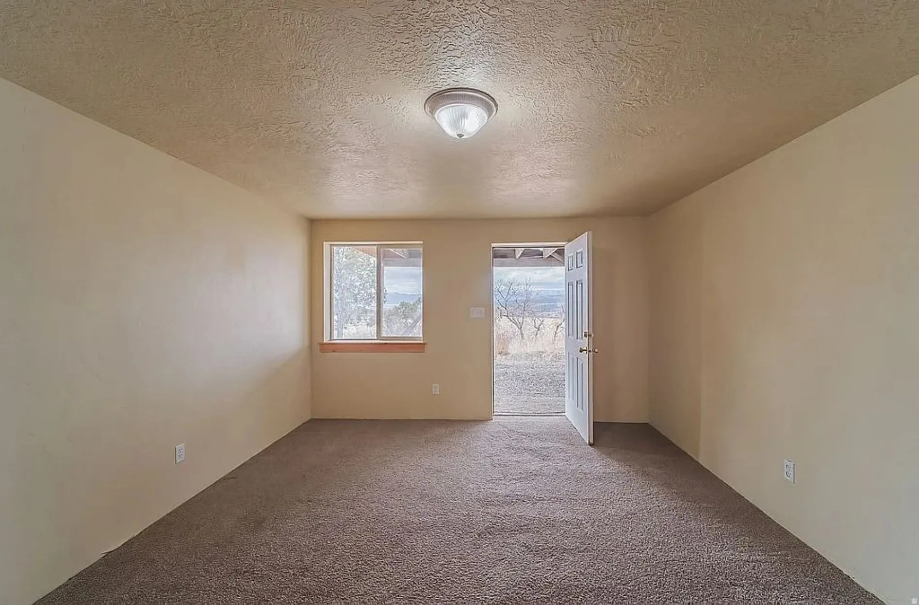 Carpeted spare room featuring a textured ceiling