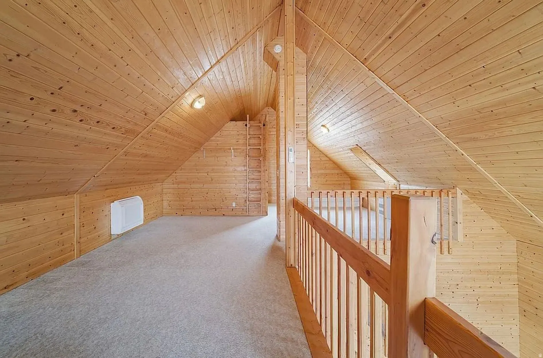 Additional living space with wood ceiling, wood walls, and carpet