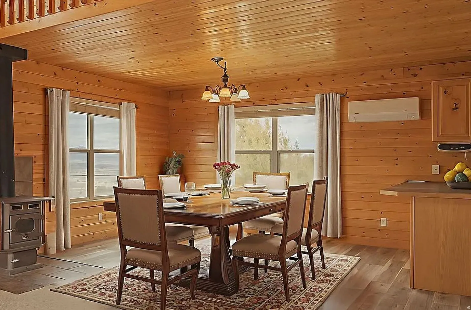 Dining area with wooden ceiling, wood walls, a wood stove, light wood-style flooring, and a chandelier