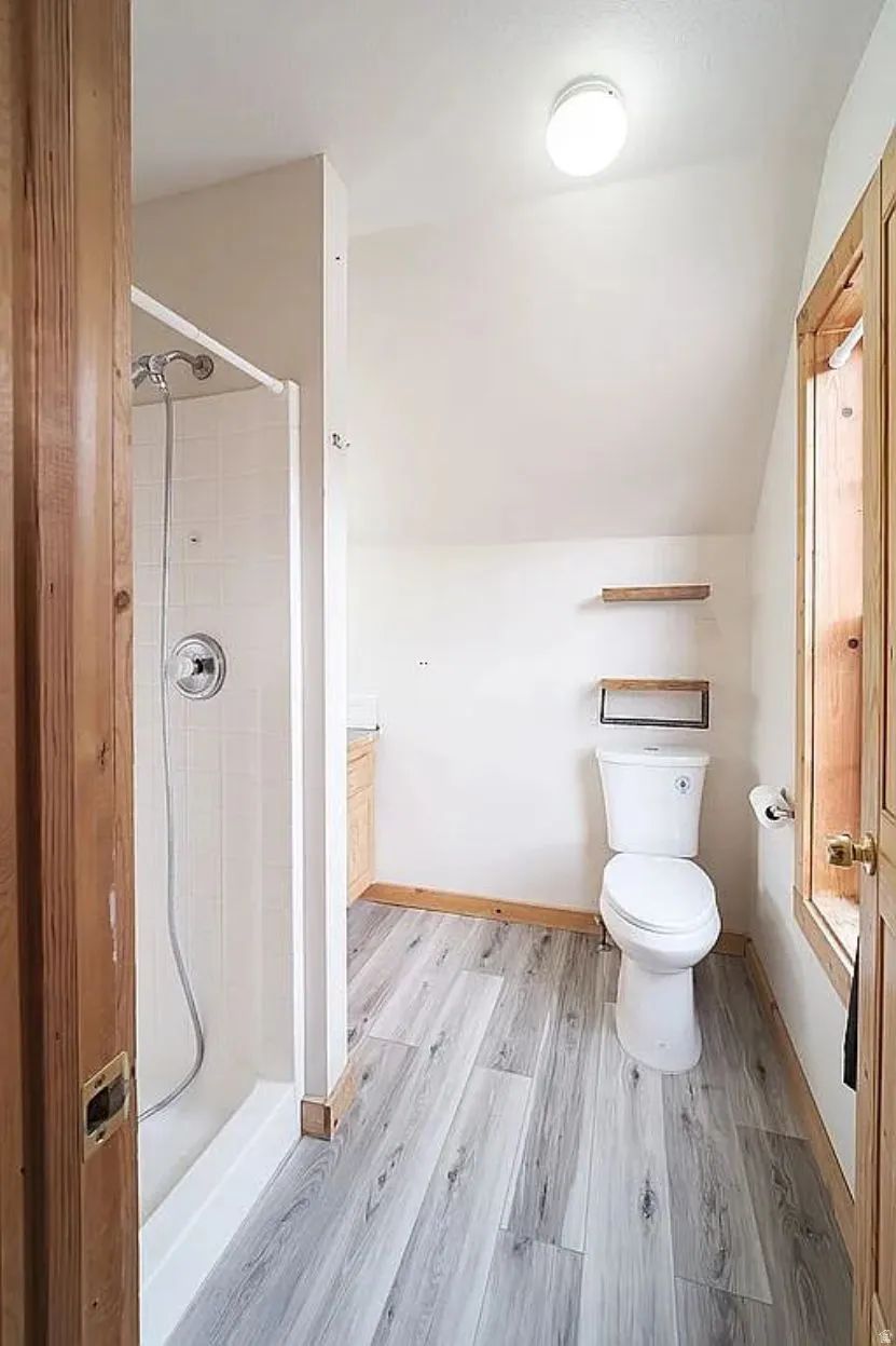 Full bath with light wood finished floors, a stall shower, vaulted ceiling, and vanity
