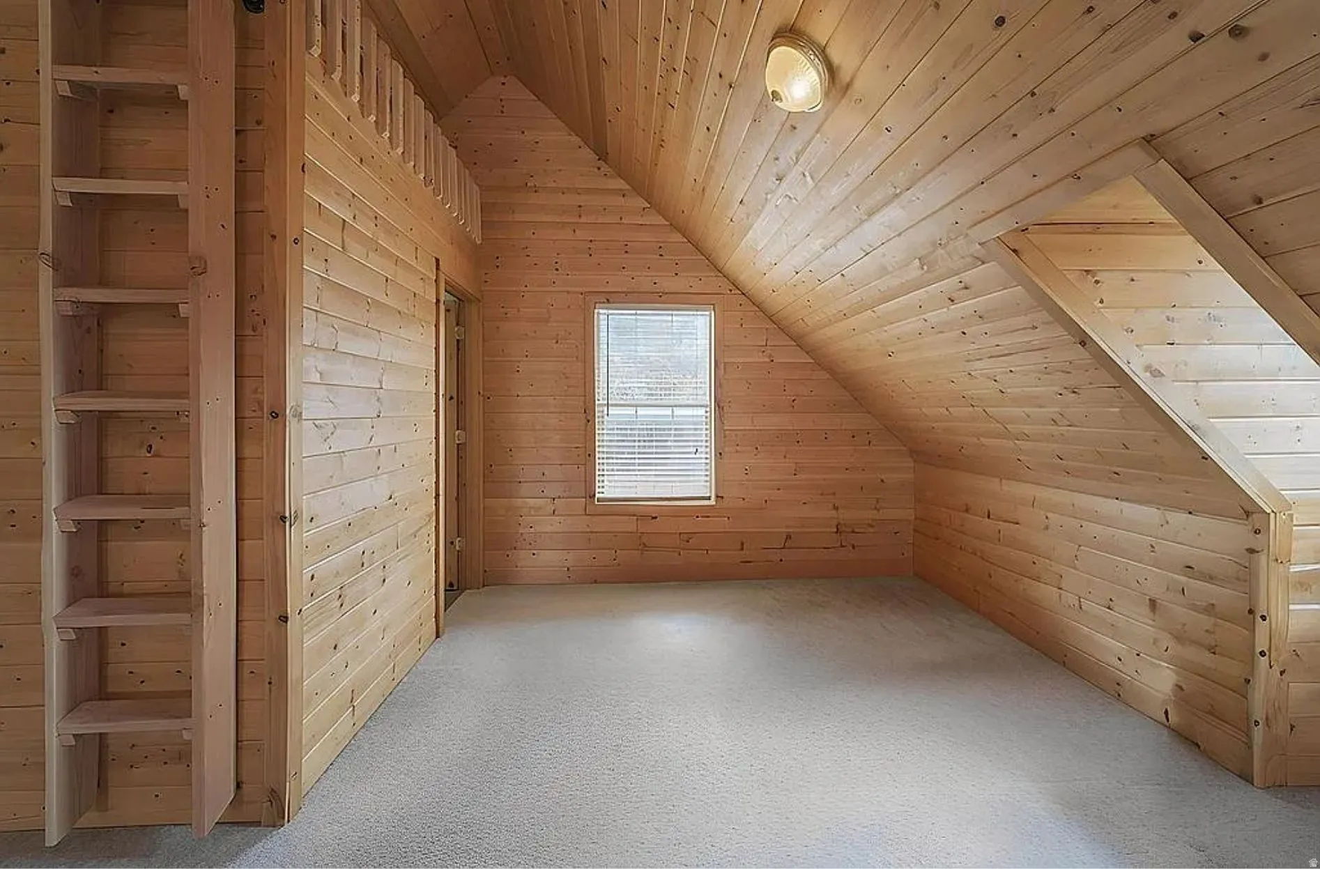 Additional living space with wooden walls, a vaulted wooden ceiling, and carpet flooring