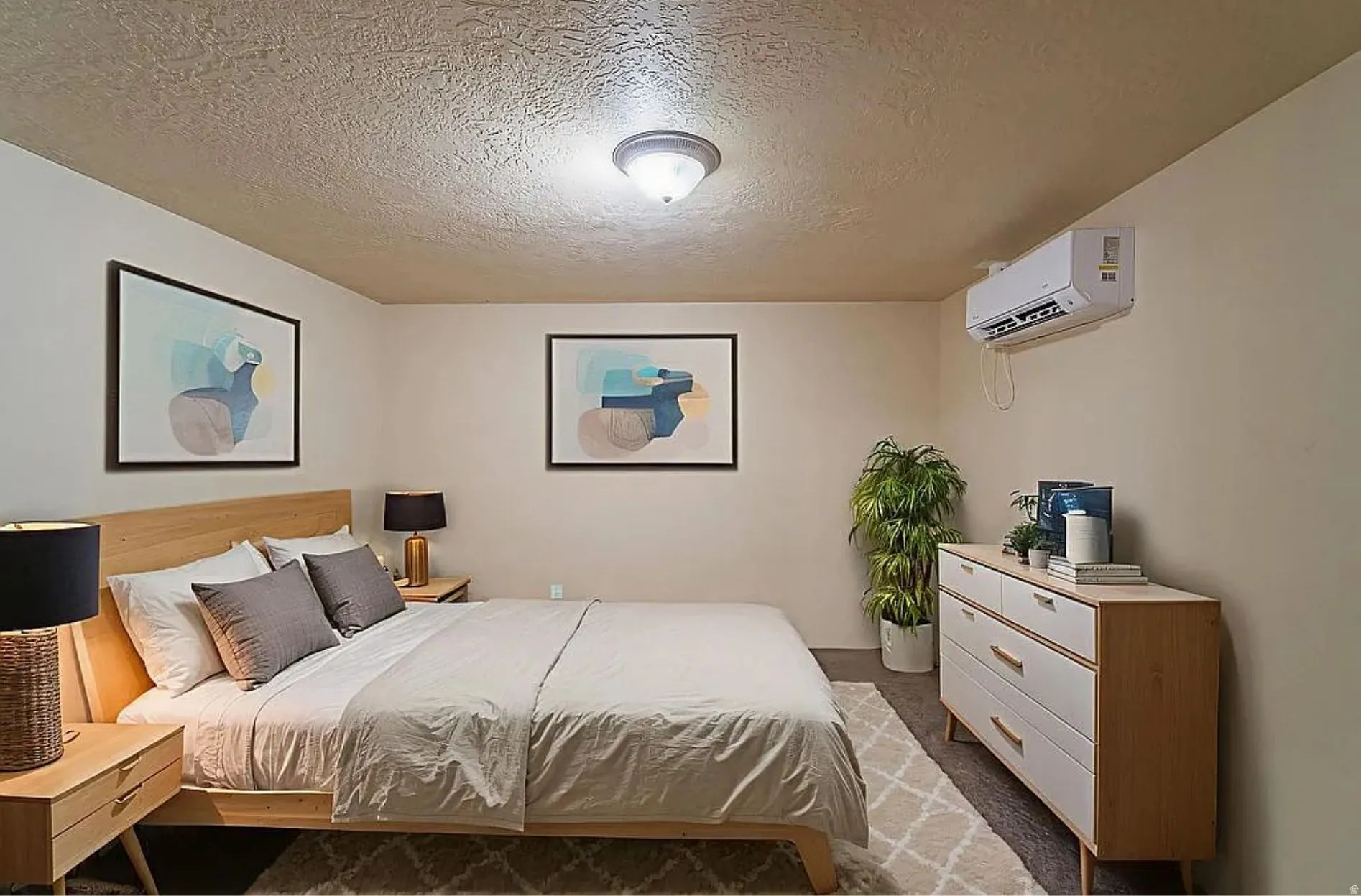 Bedroom featuring a textured ceiling and a wall mounted mini split