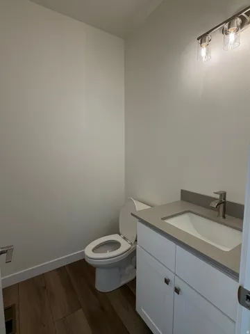 Bathroom featuring vanity and dark wood-type flooring