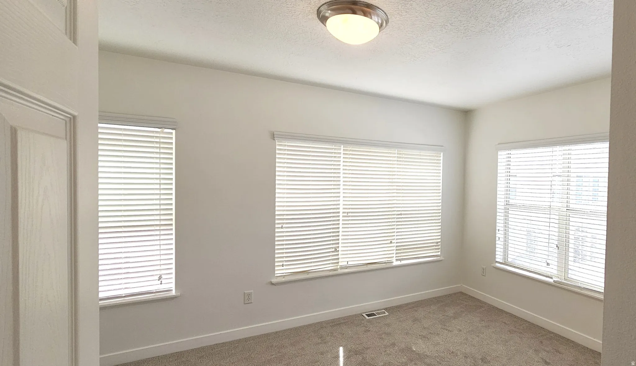 Neutral wall tones with multiple windows, carpet flooring, and a flush-mount ceiling light fixture