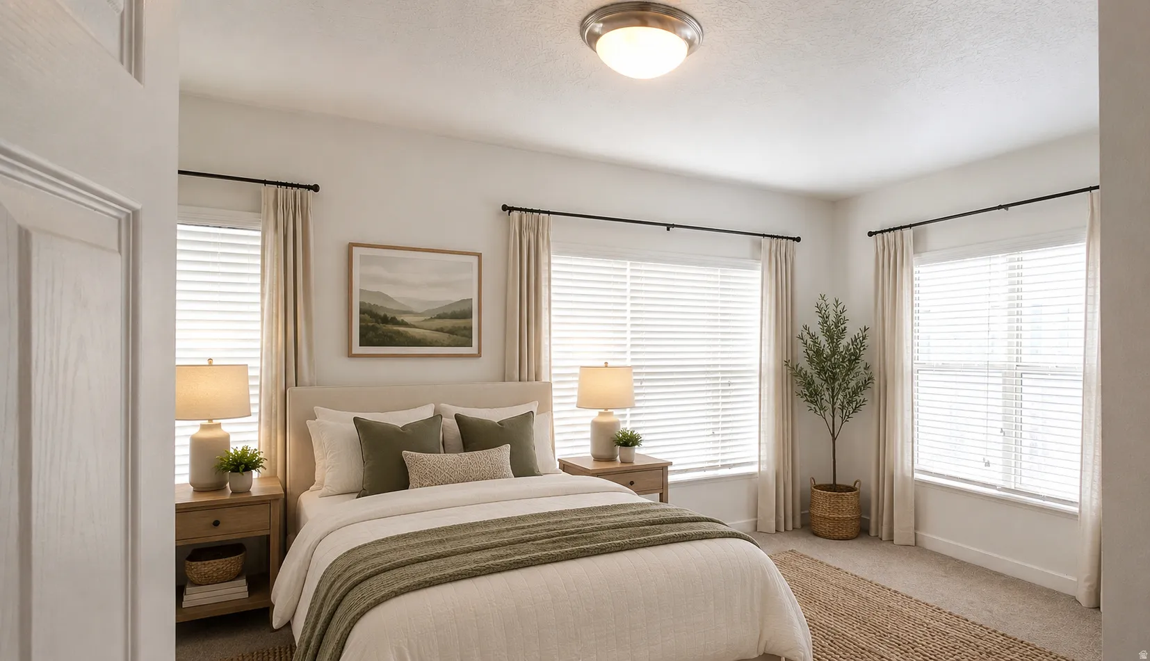 Carpeted flooring, multiple windows with blinds, and a built-in ceiling light fixture