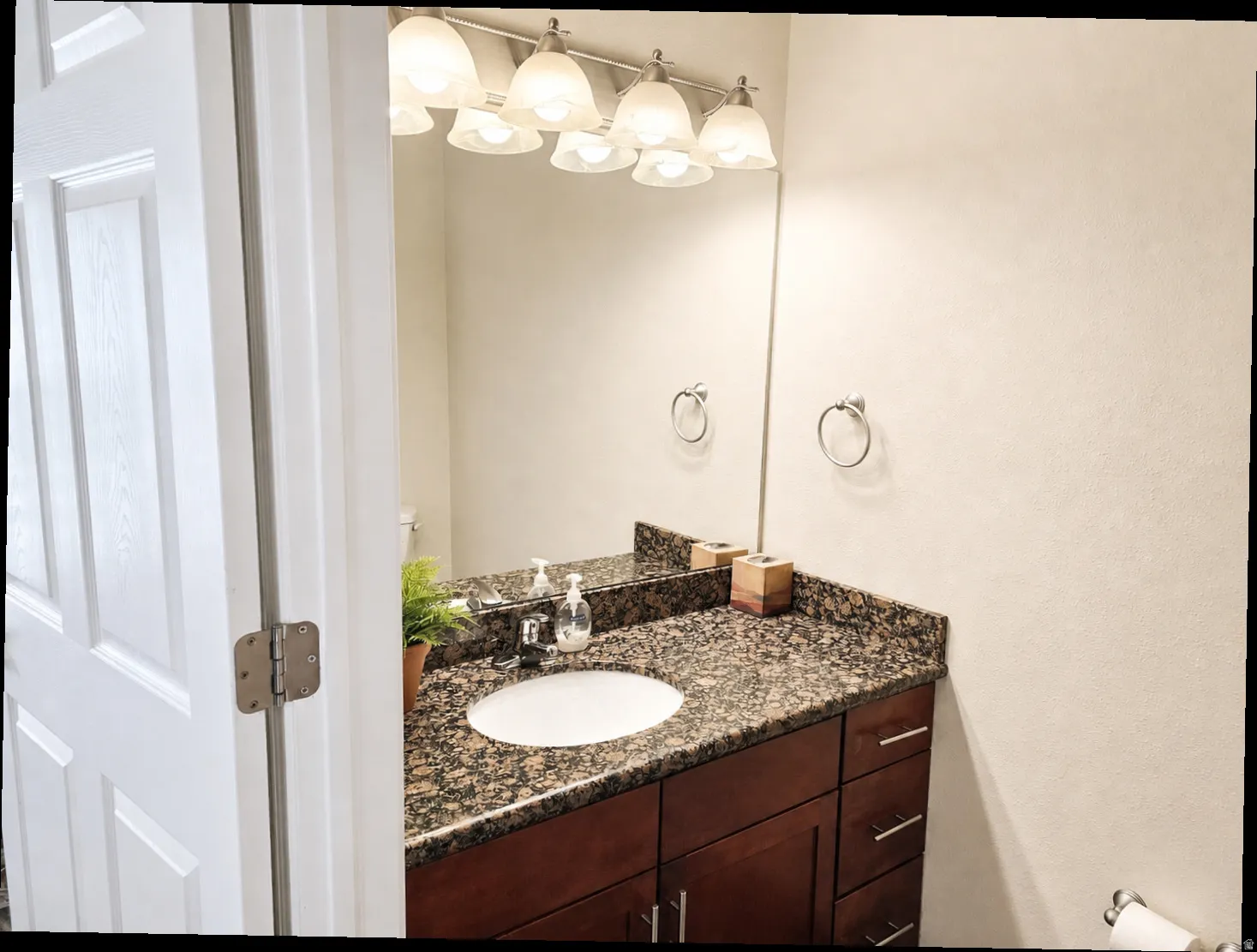 Half bathroom featuring granite counter top vanity, toilet and storage
