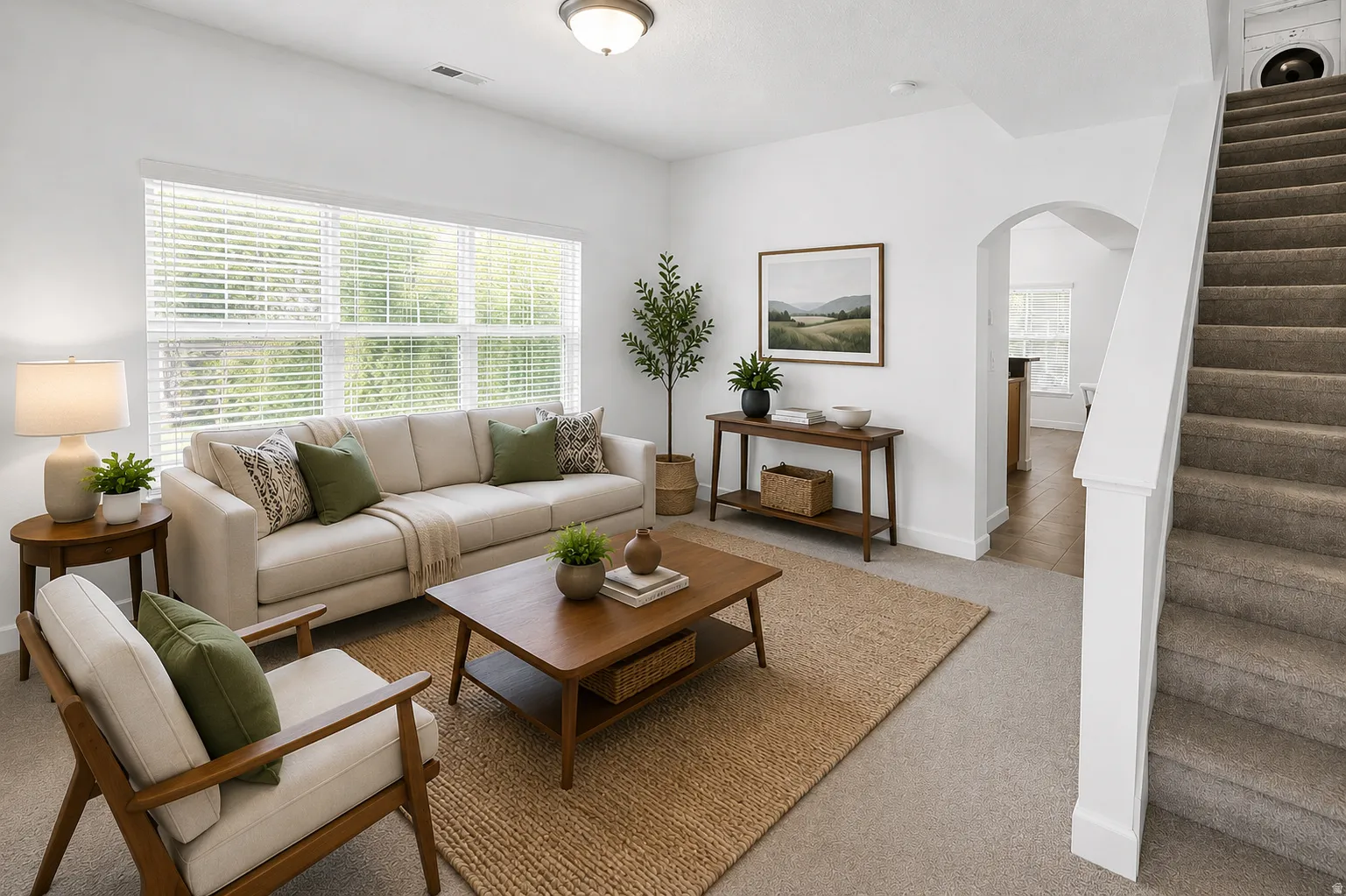 Bright living space featuring a wide window with blinds, an arched doorway, and carpeted stairs