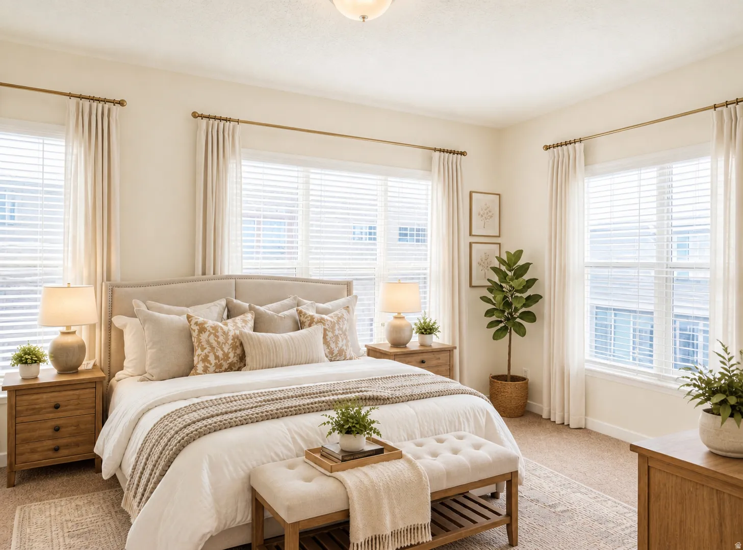 Bedroom featuring light carpet and multiple windows