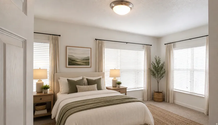 Carpeted flooring, multiple windows with blinds, and a built-in ceiling light fixture