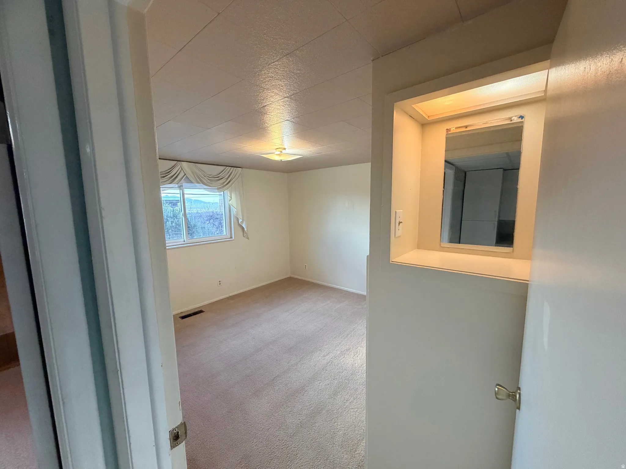 Unfurnished room with light colored carpet and baseboards