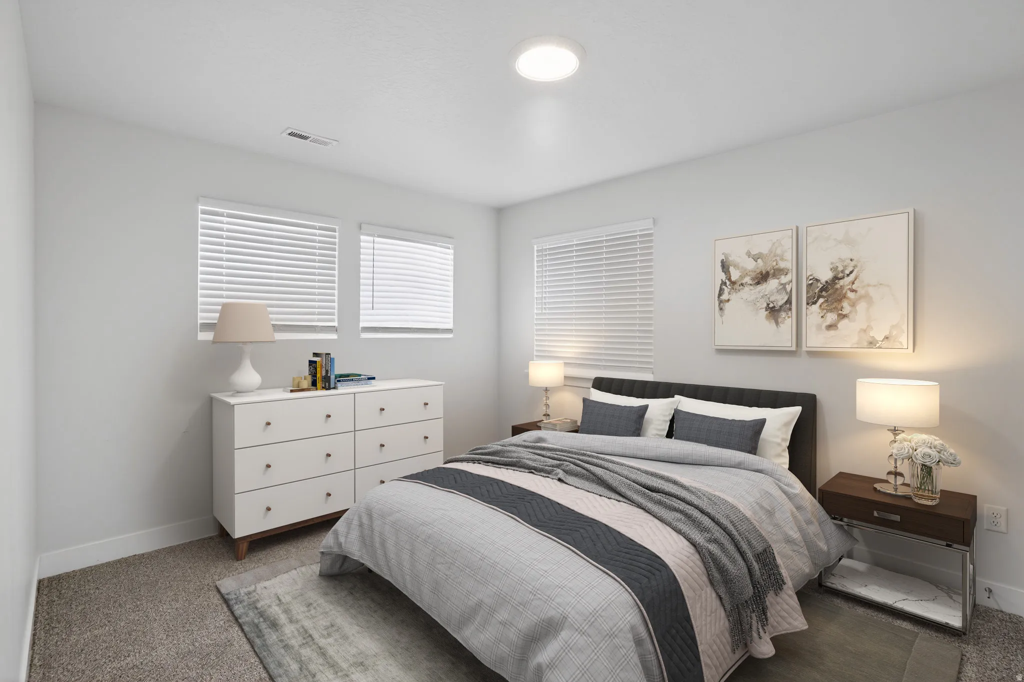 Bedroom featuring baseboards and dark colored carpet
