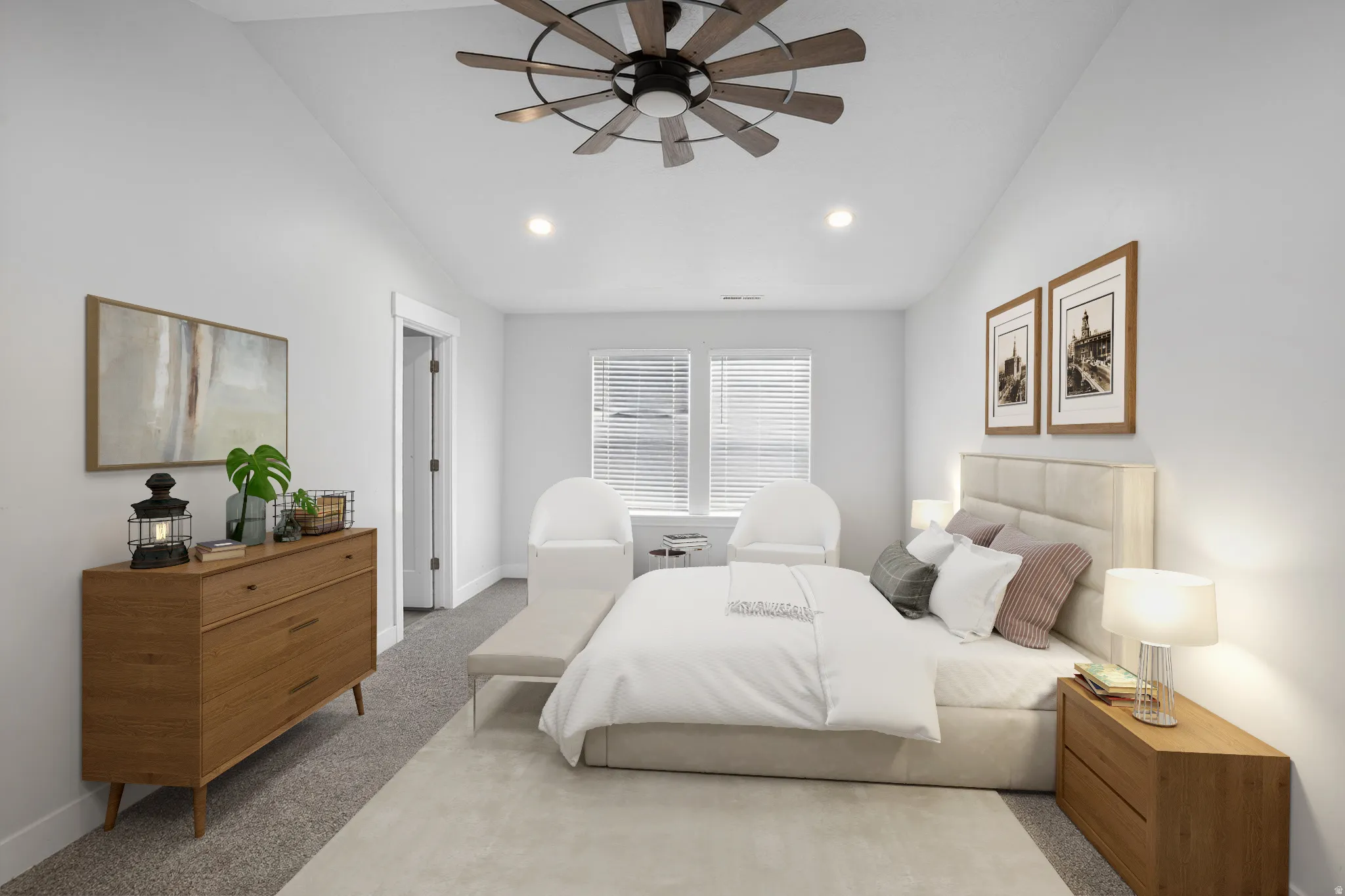 Carpeted bedroom with vaulted ceiling, ceiling fan, and recessed lighting