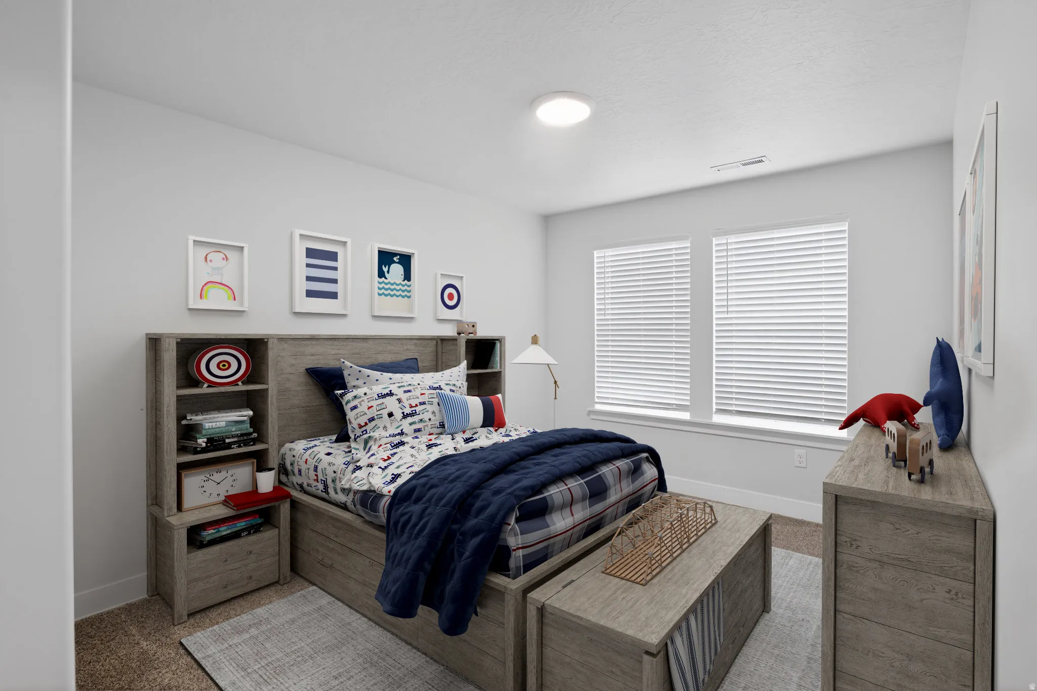 Bedroom featuring light colored carpet and baseboards