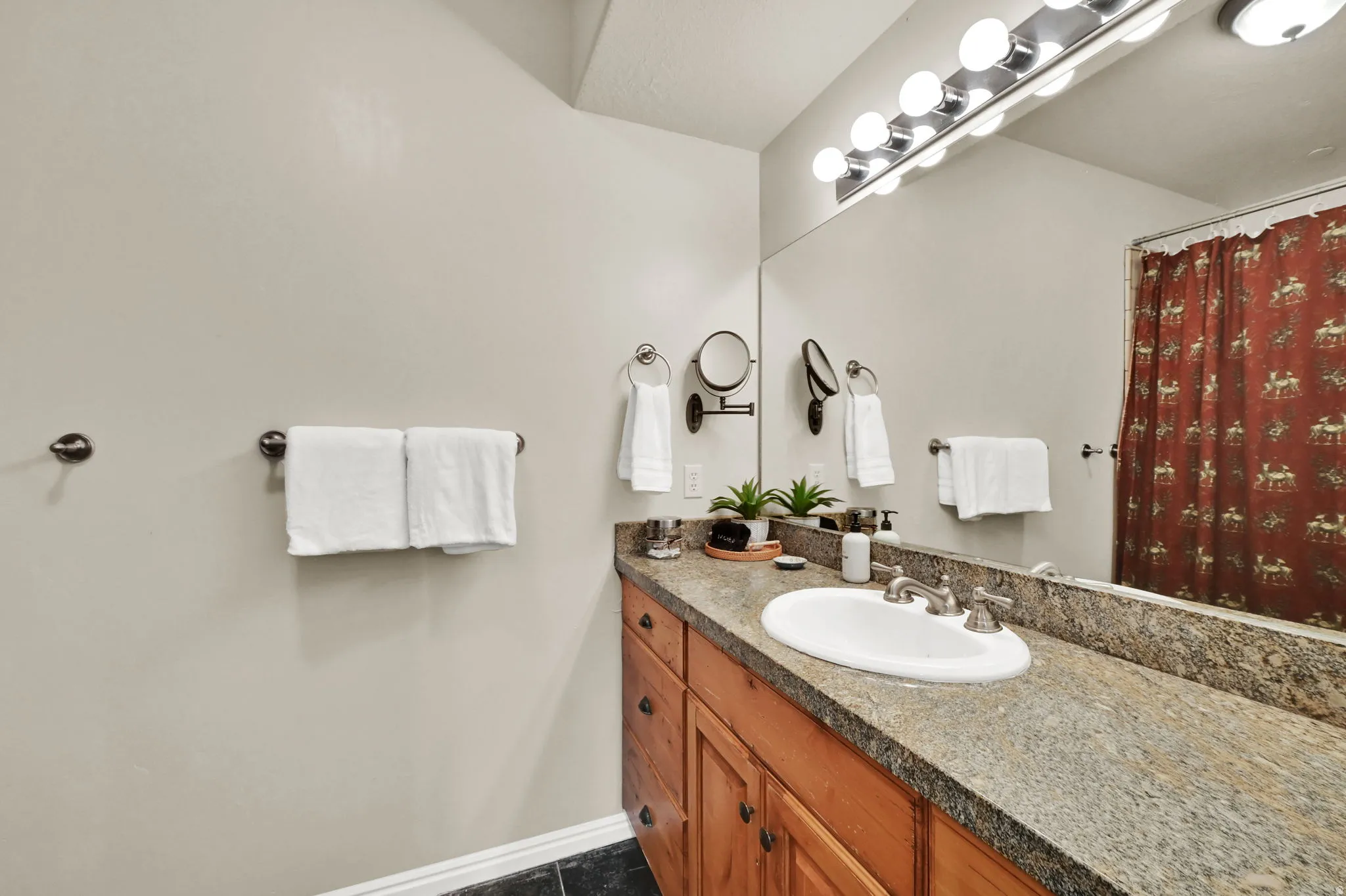 Full bath with vanity and a shower with shower curtain