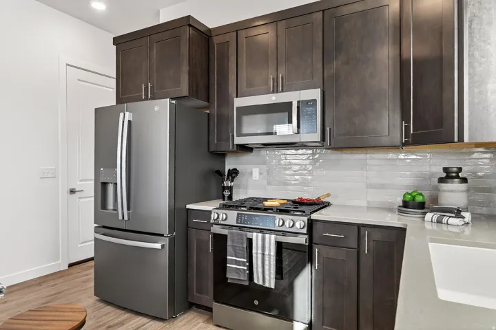 Kitchen featuring stainless steel appliances, dark wood finish cabinets, light wood-type flooring, and backsplash