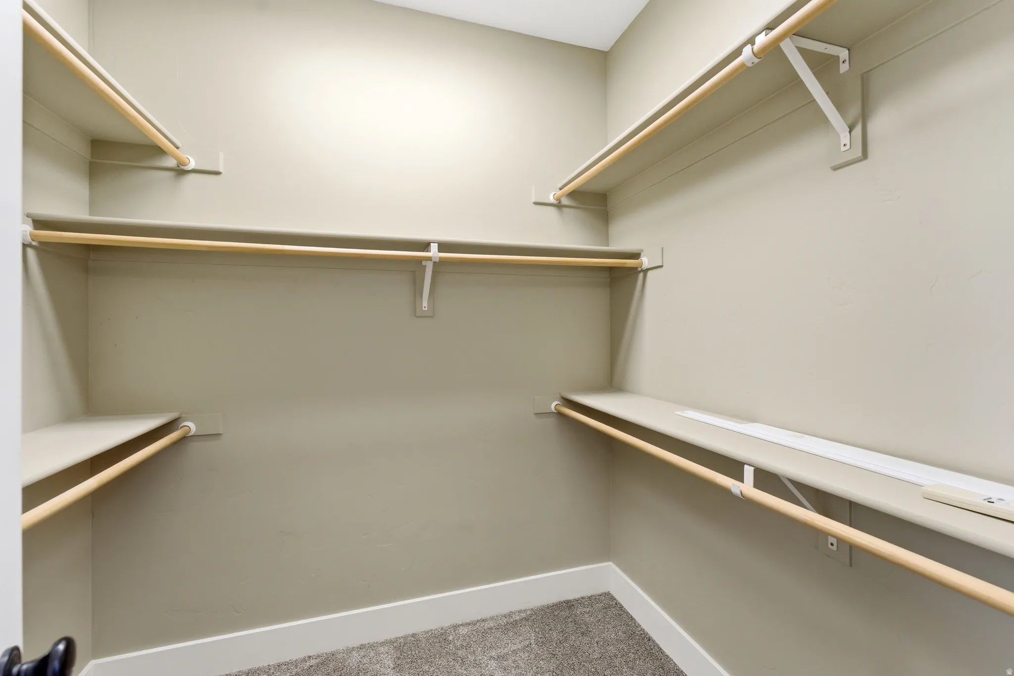 Walk in closet featuring light carpet