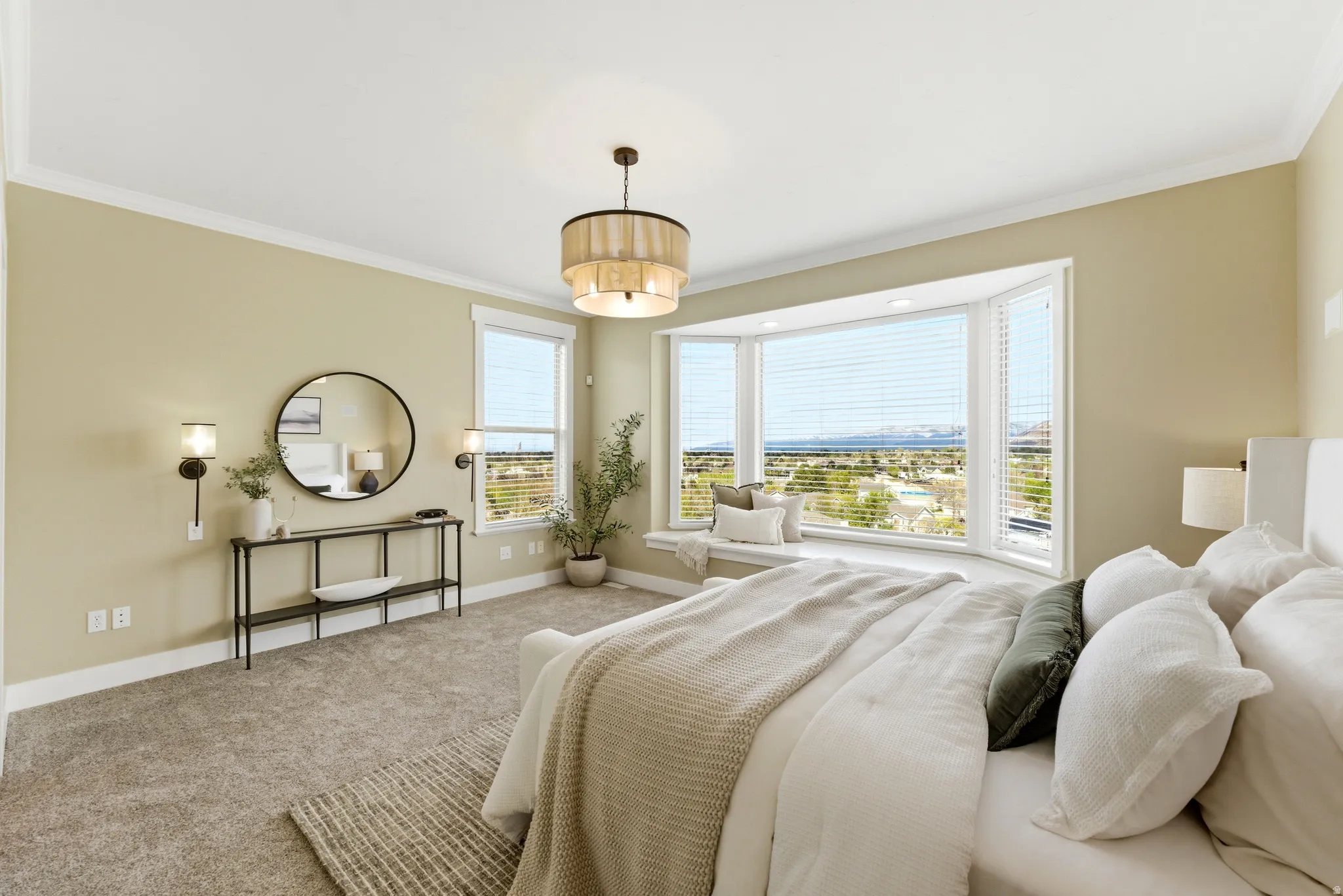 Bedroom with carpet flooring and crown molding