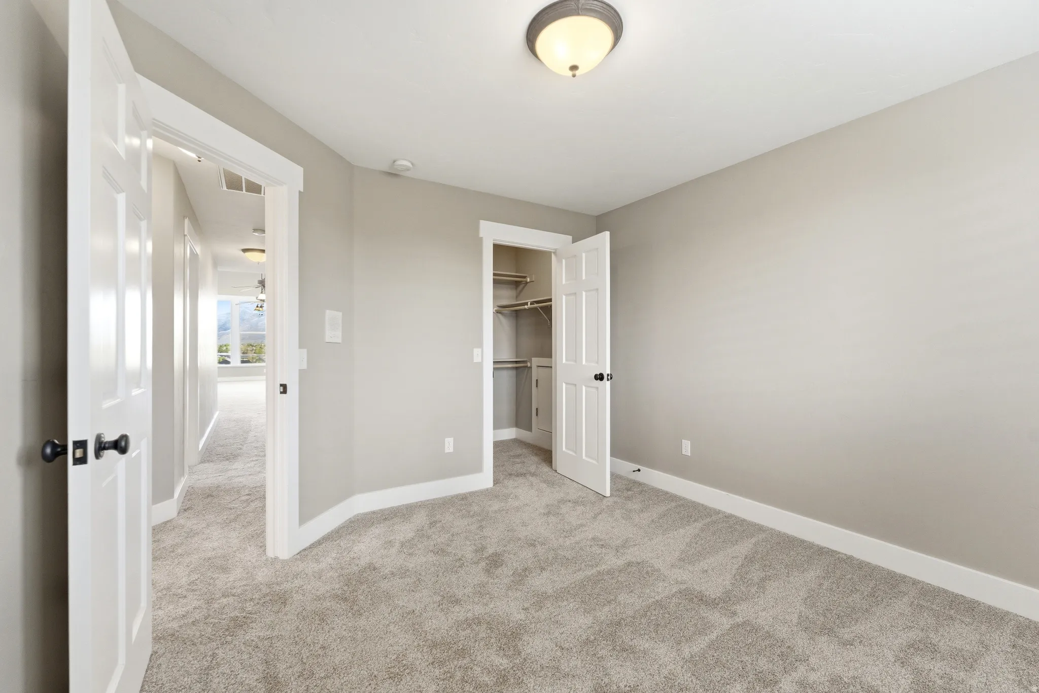 Unfurnished bedroom featuring a walk in closet and light carpet
