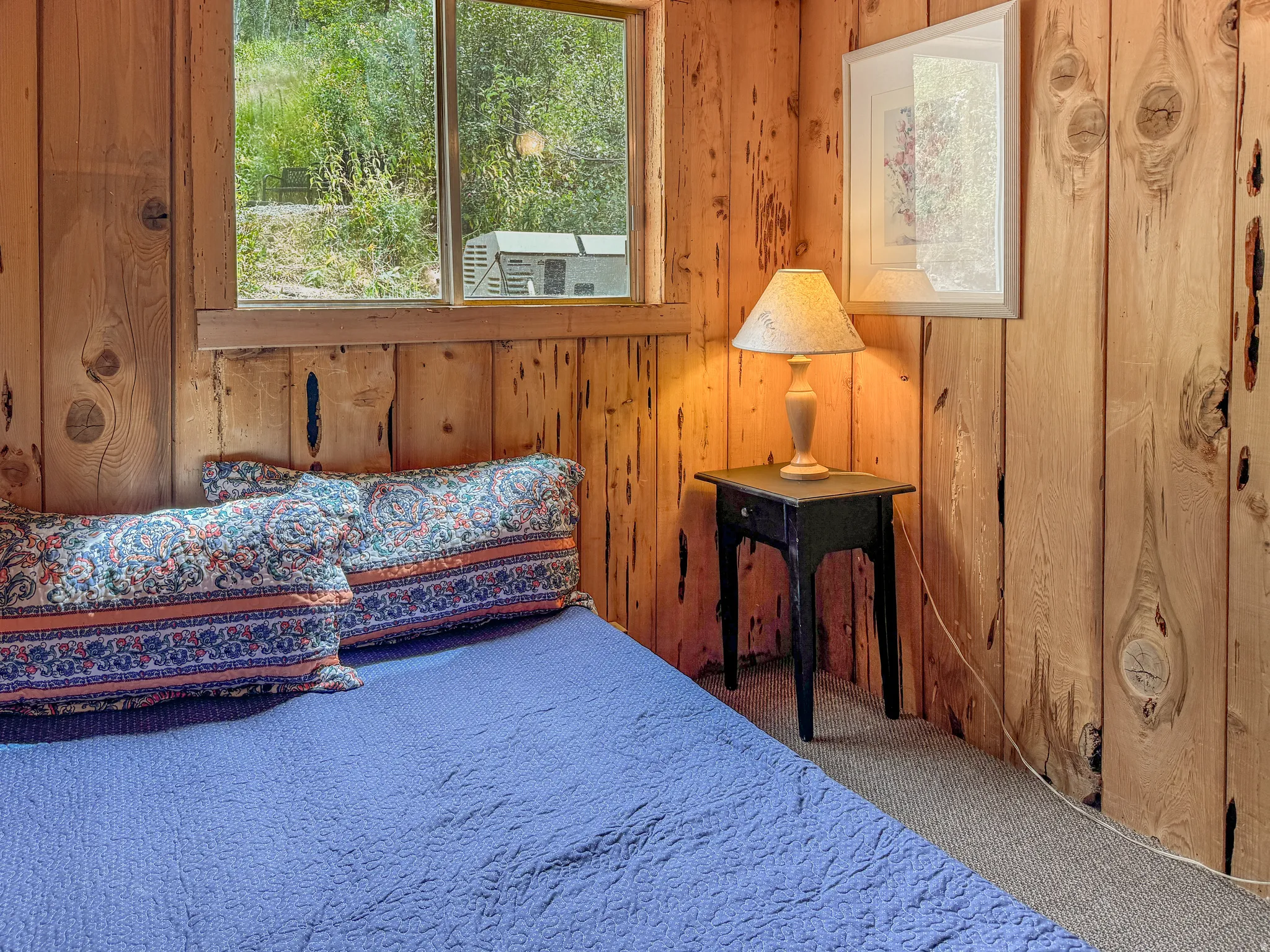 Carpeted bedroom featuring wood walls