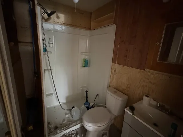 Full bathroom featuring vanity, wood walls, and a stall shower