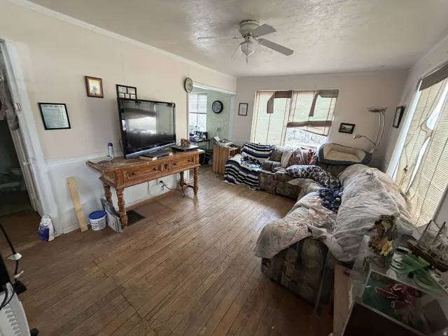 Living area featuring a wainscoted wall, hardwood / wood-style flooring, a ceiling fan, ornamental molding, and a textured ceiling
