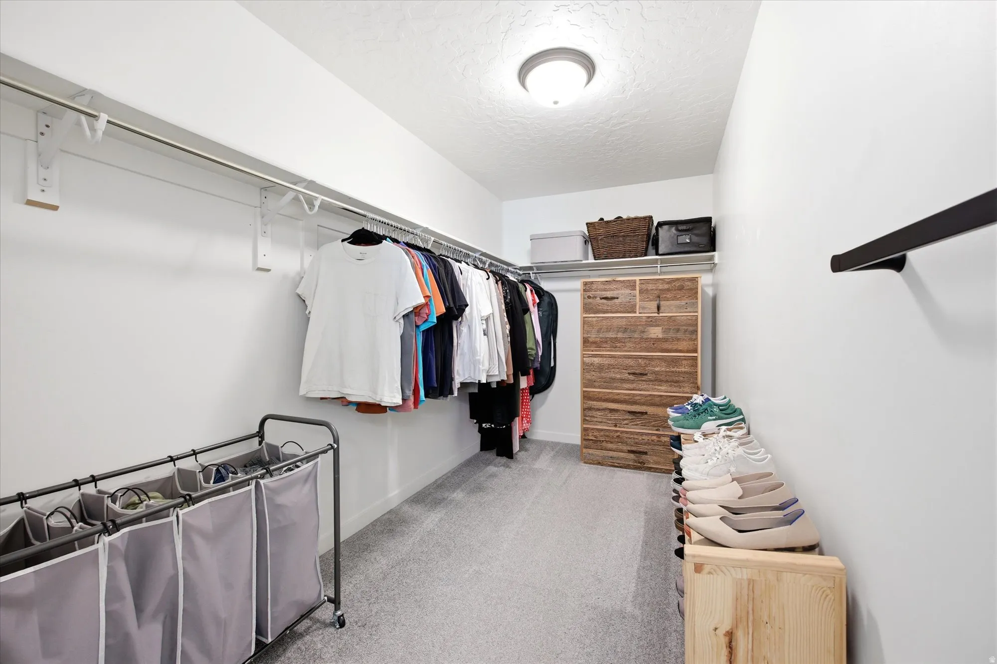 Walk in closet featuring light carpet