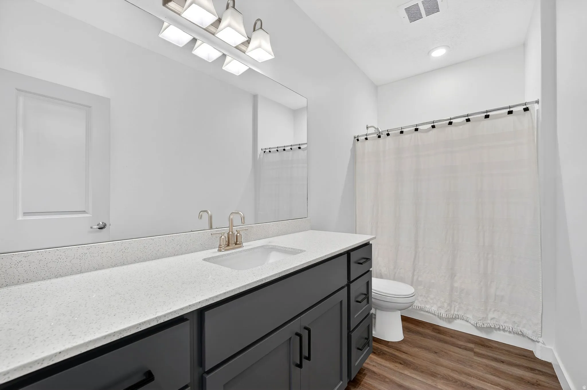 Bathroom with vanity and wood finished floors