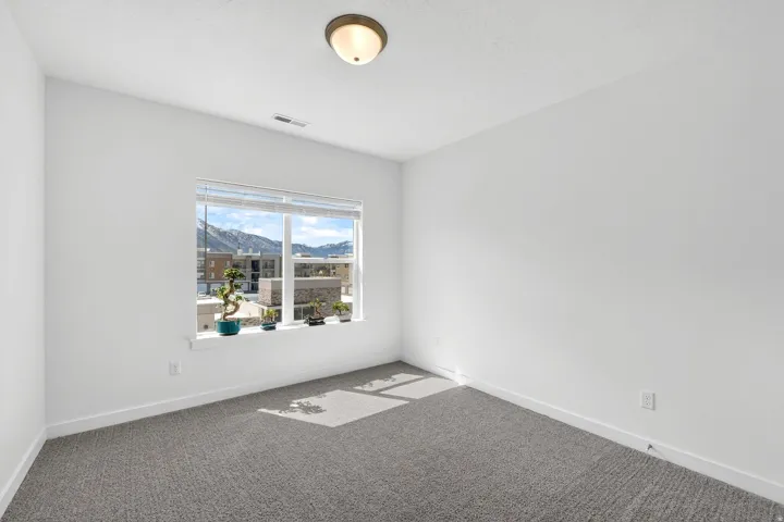 Carpeted empty room with a mountain view and baseboards