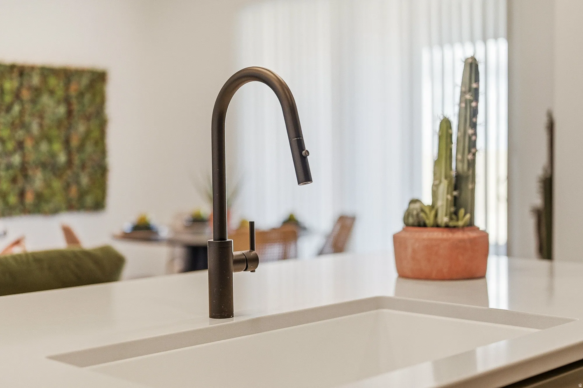 Kitchen view of light countertops