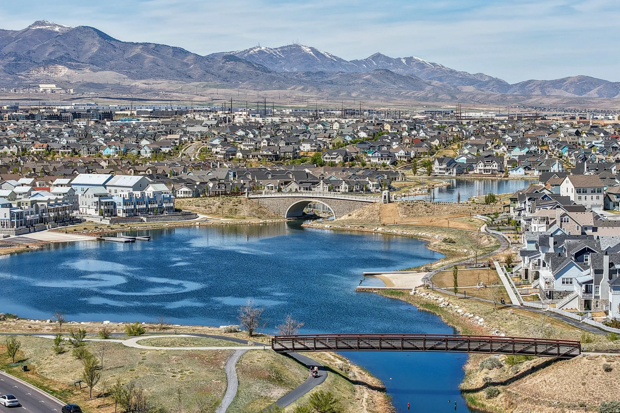 Aerial view of residential area with a water and mountain view