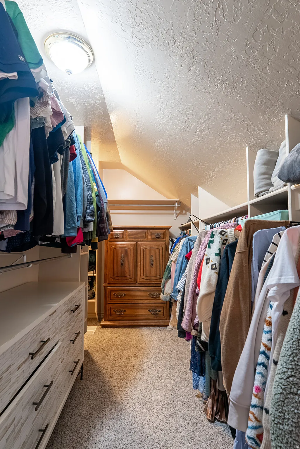 Walk in closet with vaulted ceiling and light carpet