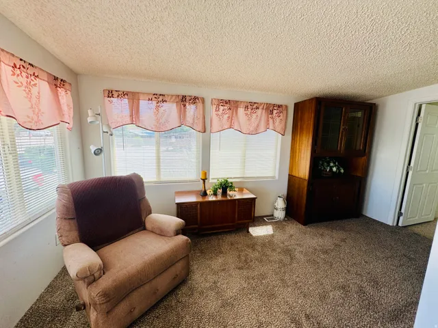 Sitting room with dark carpet and a textured ceiling