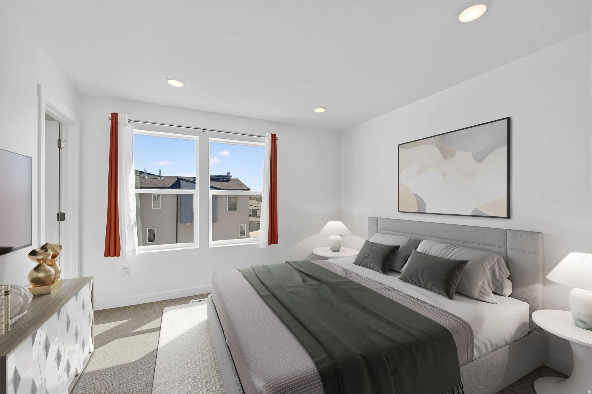Bedroom with light carpet and recessed lighting