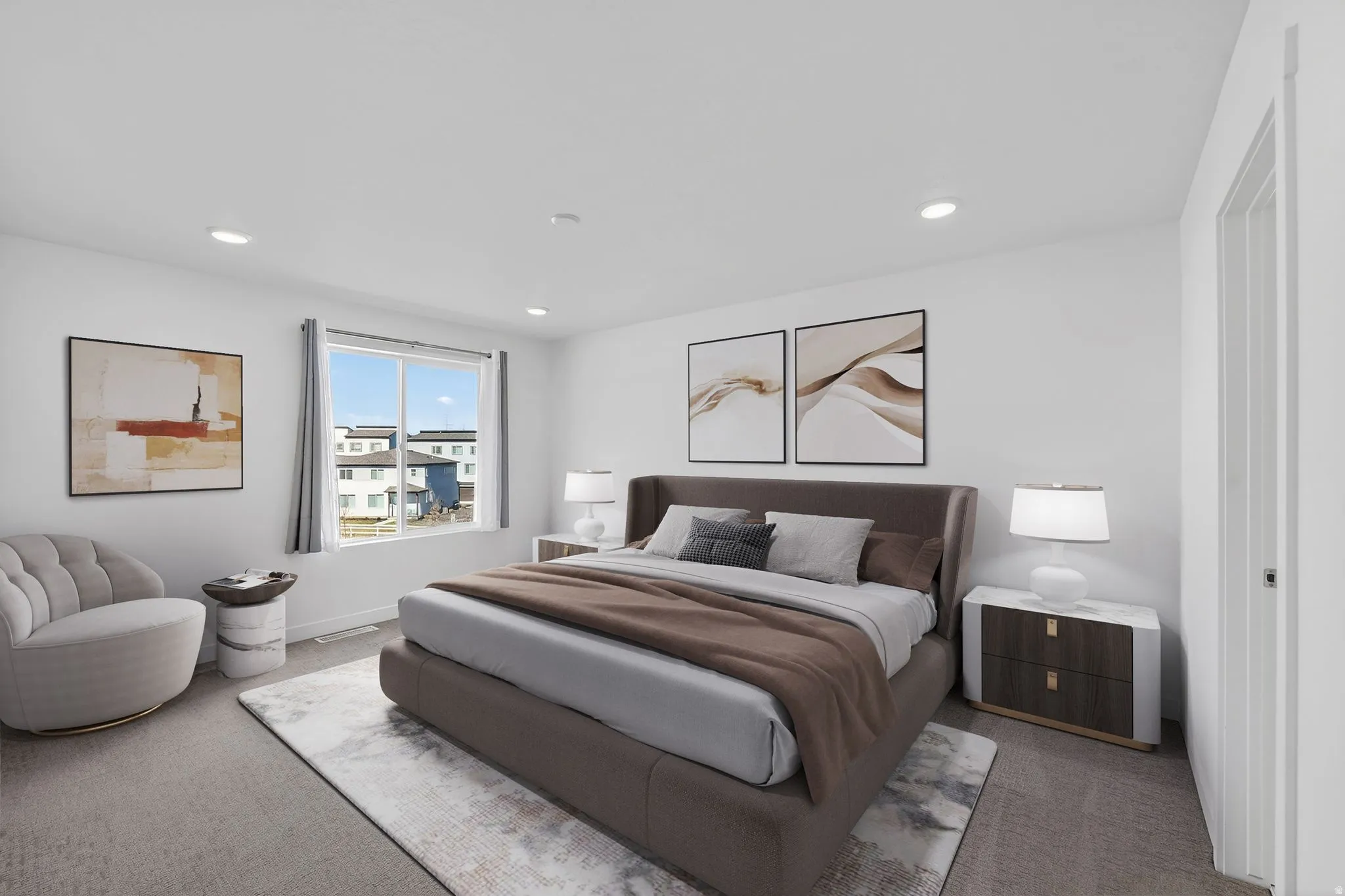 Bedroom featuring light colored carpet and recessed lighting