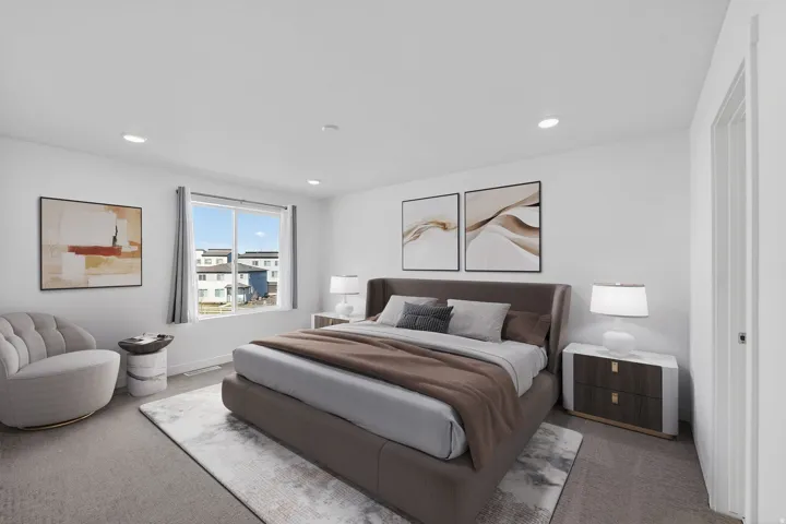 Bedroom featuring light colored carpet and recessed lighting