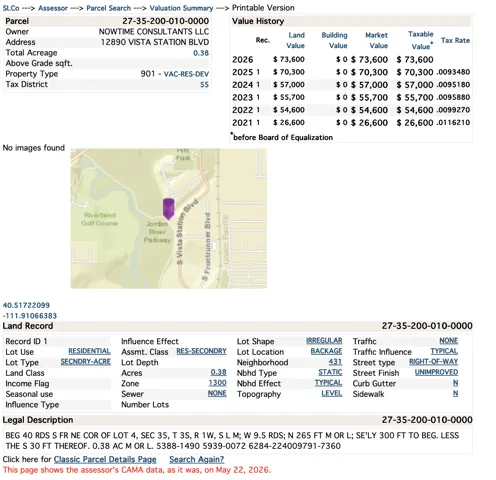 Assessor Valuation Summary. Documenting ownership, land specifications, and historical tax valuations for the property