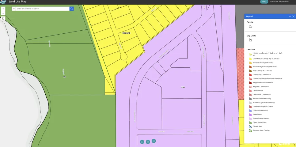 Land Use Map. Displaying various land use classifications and parcel boundaries for the property, This lot is the triangle in the bottom left corner of the yellow area