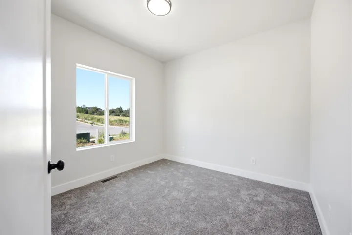Bright room featuring a large window, plush gray carpet, white walls, and a modern ceiling light fixture