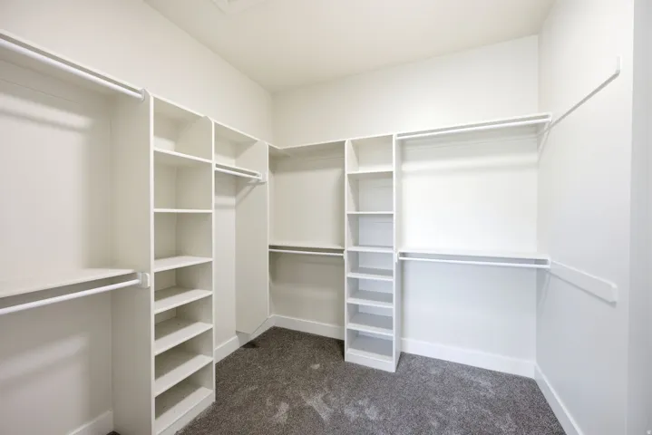 Walk-in closet featuring built-in white shelving, hanging rods, and dark gray carpeting