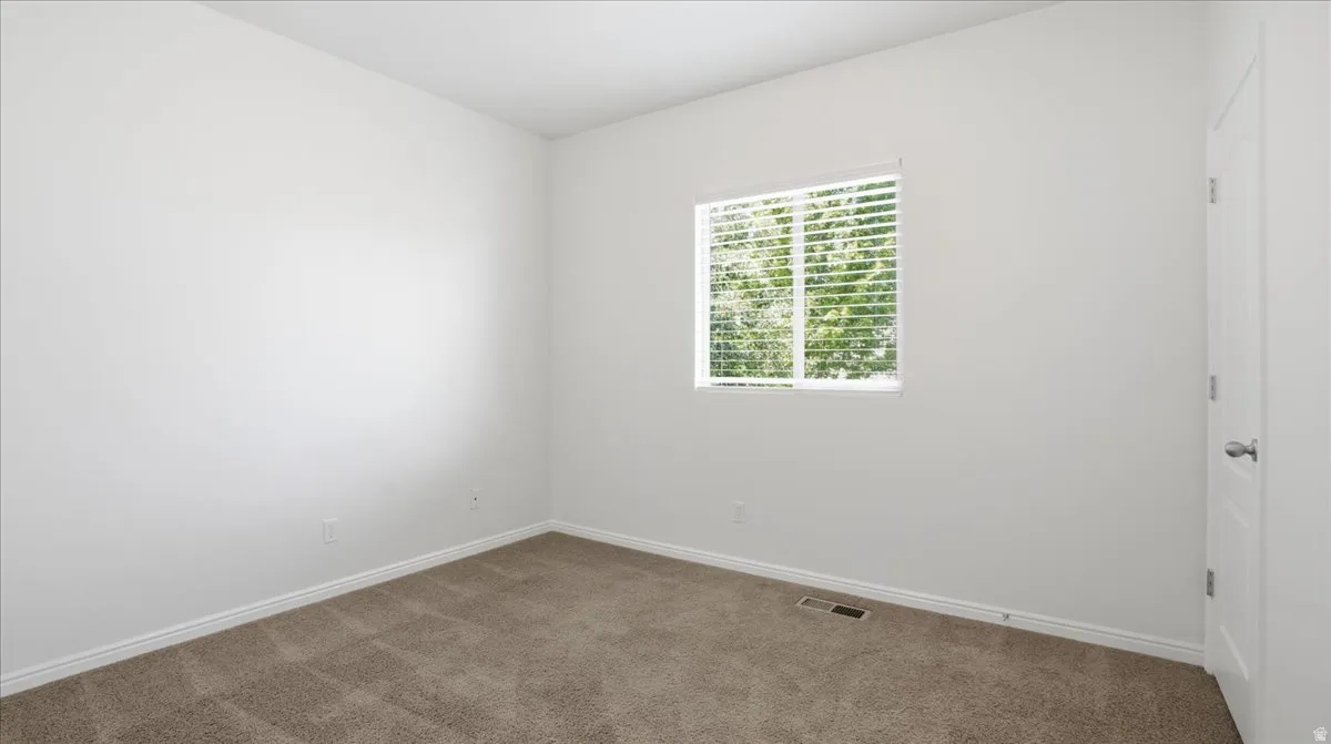 Neutral wall paint, plush carpet flooring, baseboard trim, and a window with horizontal blinds