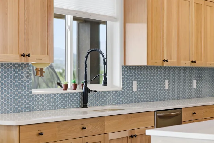 Kitchen featuring light wood finish cabinets, dishwasher, healthy amount of natural light, and tasteful backsplash