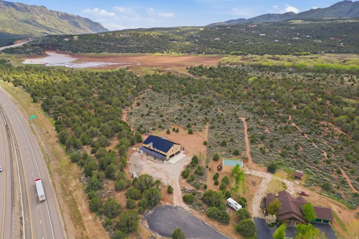 Aerial view of a water and mountain view
