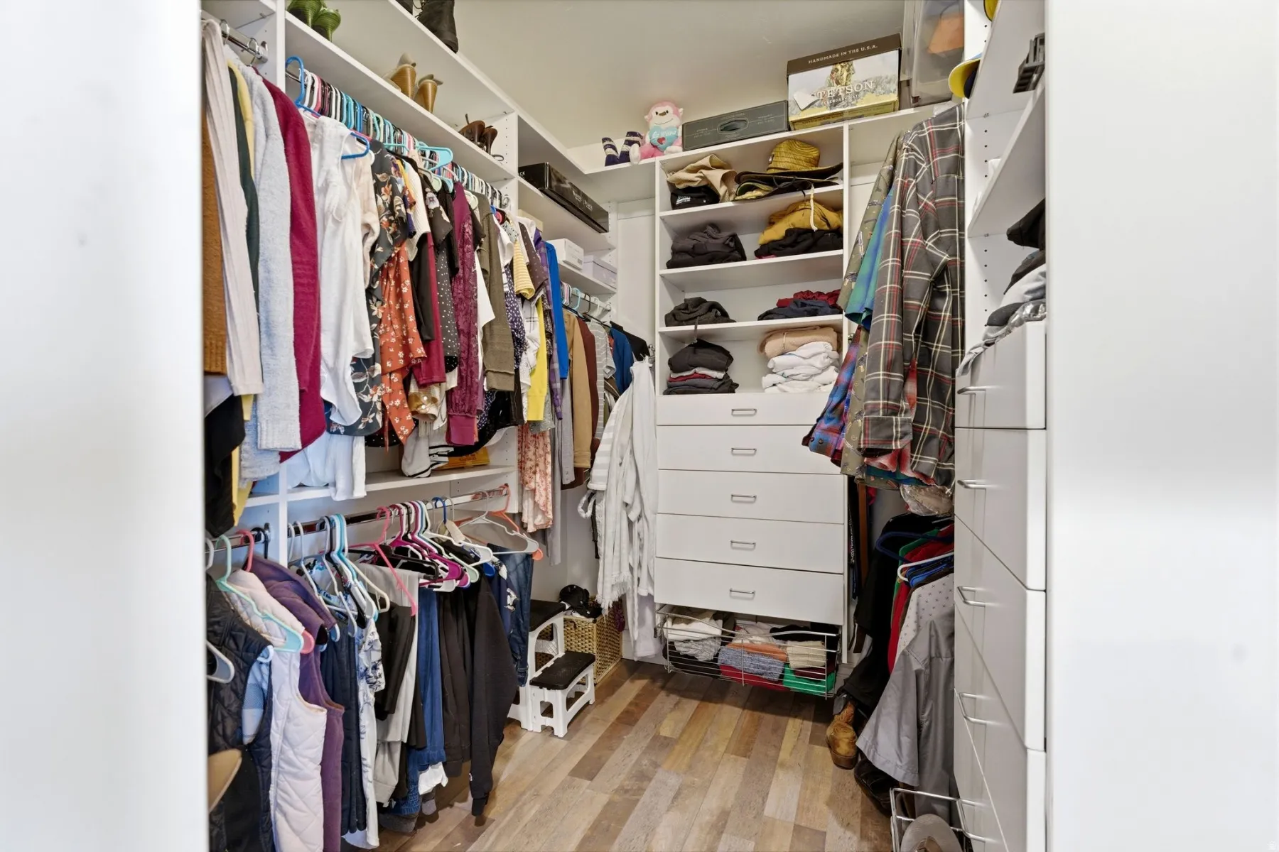 Primary suite Walk in closet with light wood-style flooring