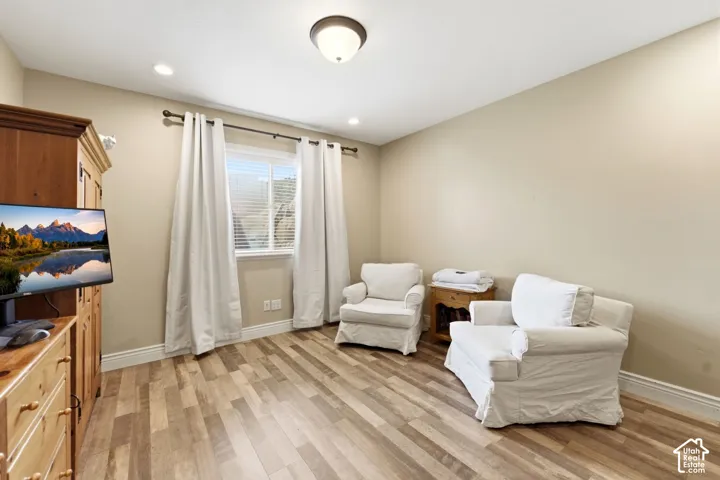 Living area with light wood-style flooring and recessed lighting