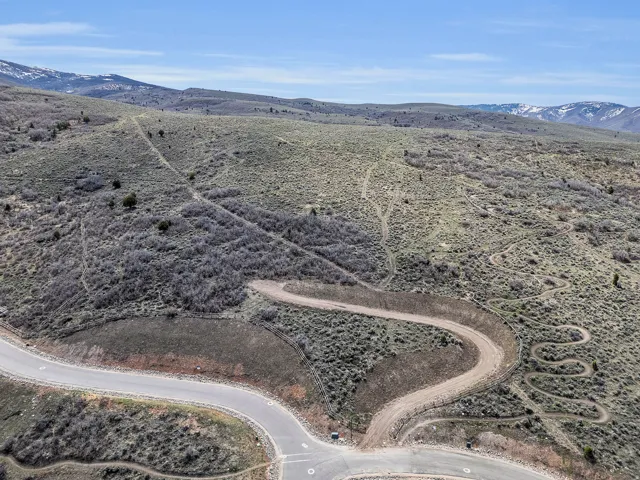 Aerial view of sparsely populated area featuring a mountain backdrop