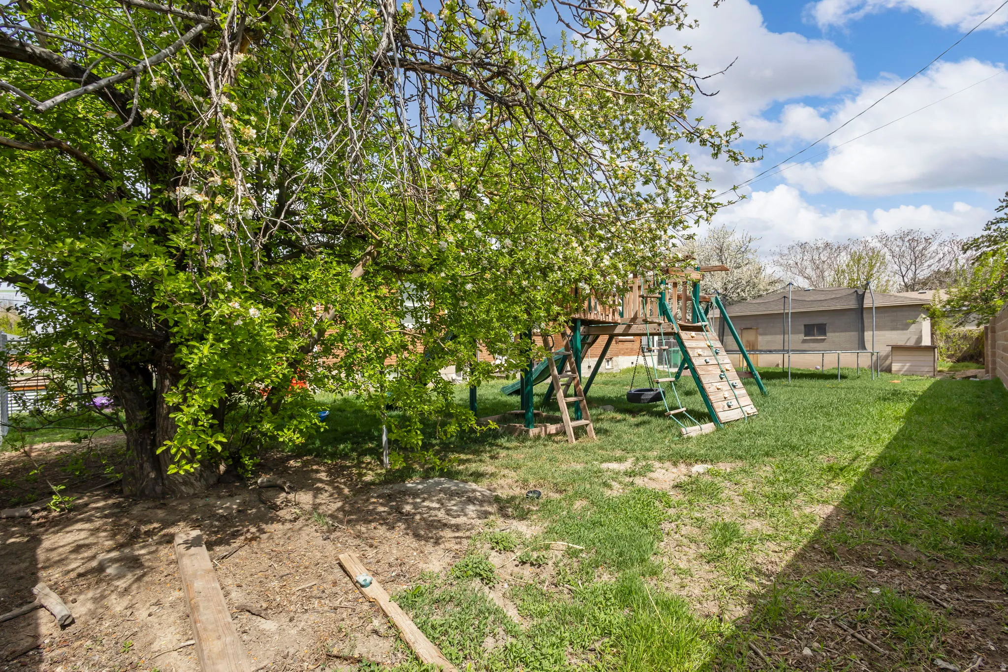 Fenced yard with a trampoline and a playground