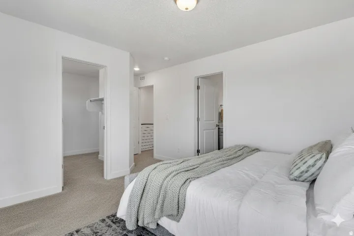 Bedroom featuring a walk in closet, light colored carpet, and a textured ceiling
