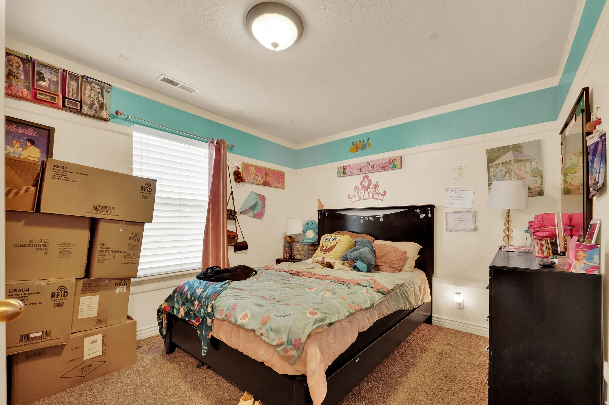 Bedroom with carpet and ornamental molding