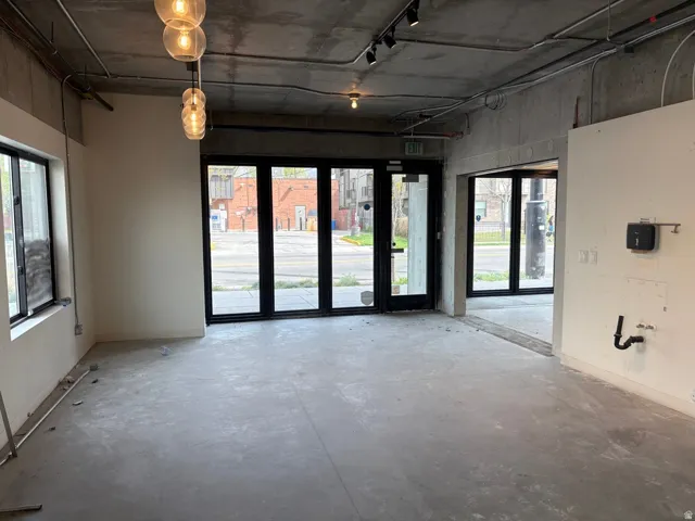 Spare room featuring concrete floors, healthy amount of natural light, and track lighting